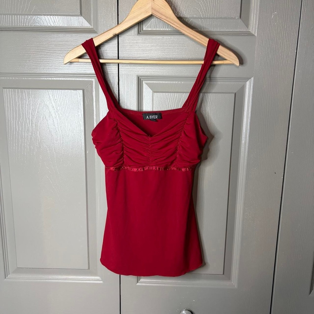A. Byer Womens Red Ruched Sequin Trim Blouse Y2K Sleeveless Party Top Size S